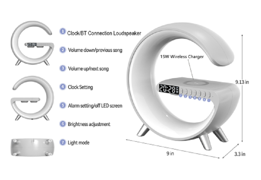 G Shaped Multi-Function Wireless Charger Digital Clock Speaker