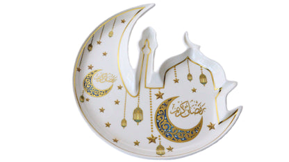 White Gold Blue Moon & Mosque Shaped Ceramic Serving Plate