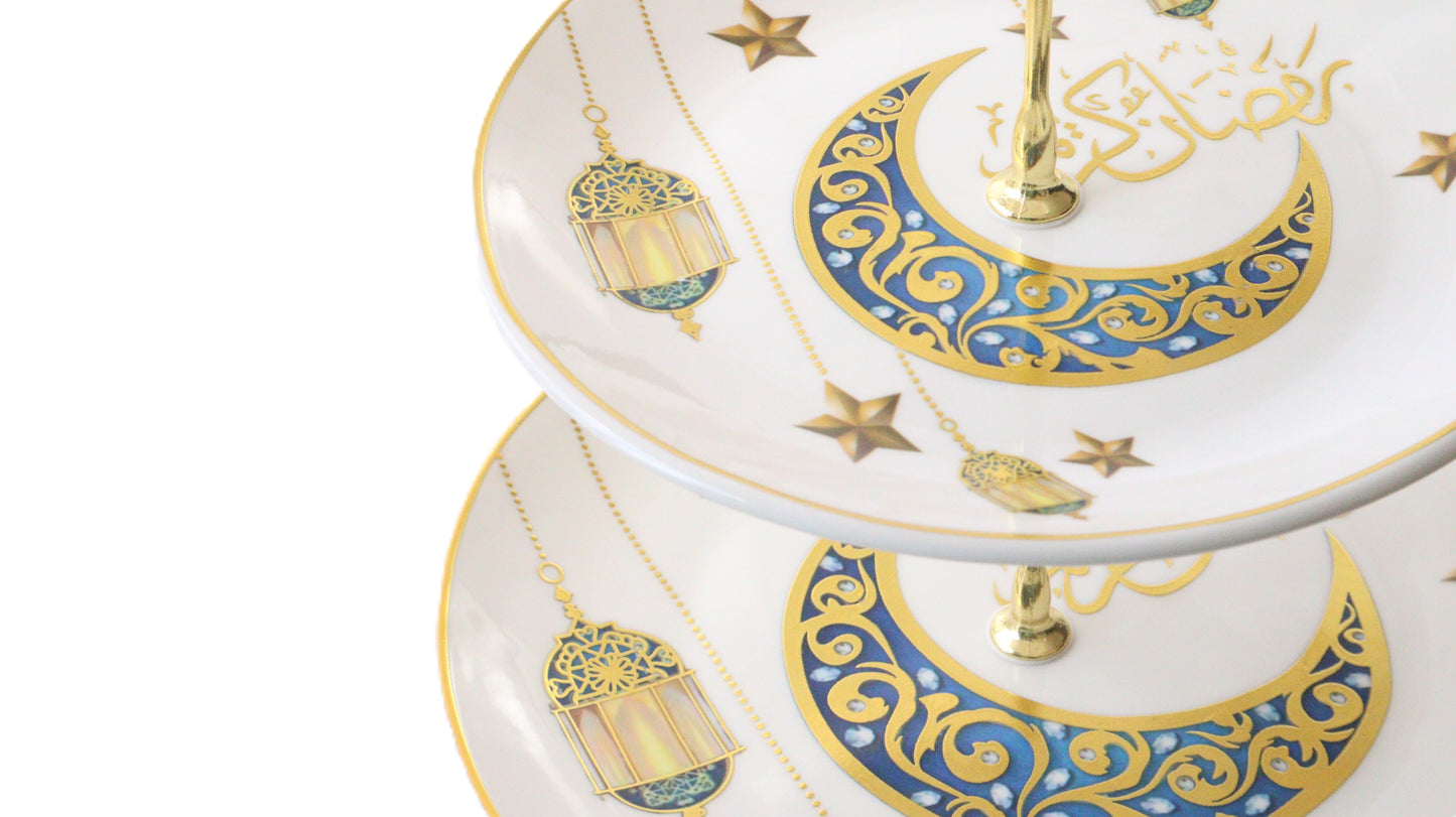 White Gold and Blue Color 3 Tier Ceramic Plate Stand