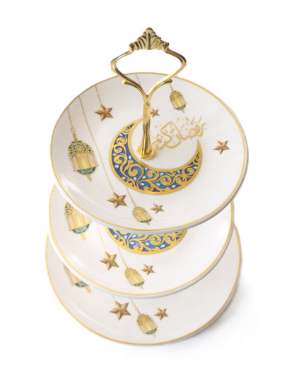 White Gold and Blue Color 3 Tier Ceramic Plate Stand