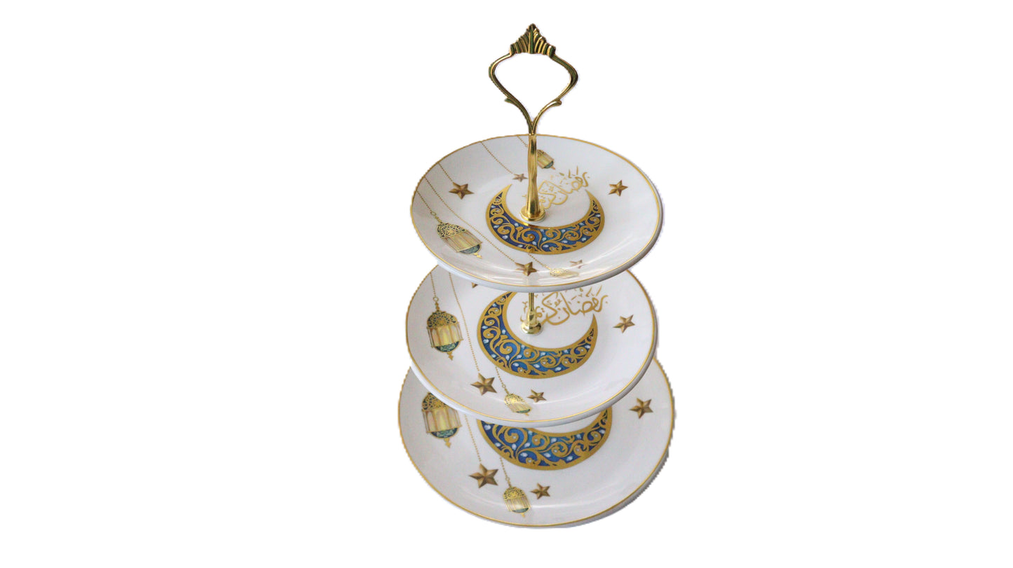 White Gold and Blue Color 3 Tier Ceramic Plate Stand