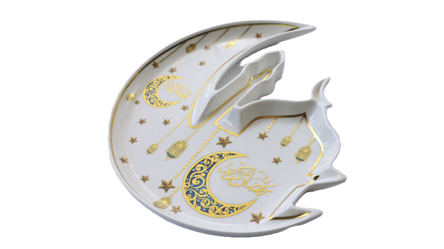 White Gold Blue Moon & Mosque Shaped Ceramic Serving Plate