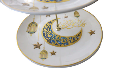 White Gold and Blue Color 3 Tier Ceramic Plate Stand