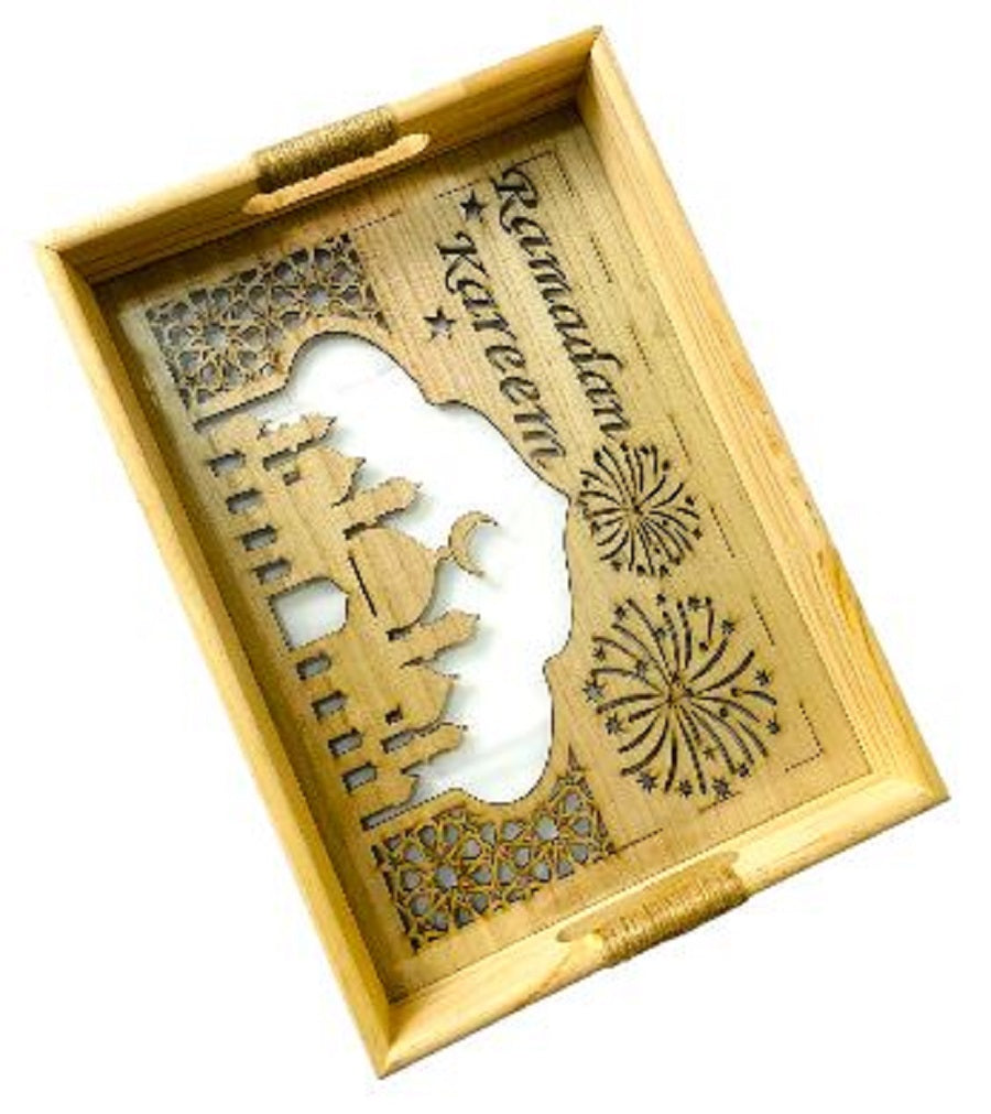 Islamic Wood Serving Tray with Acrylic Interior