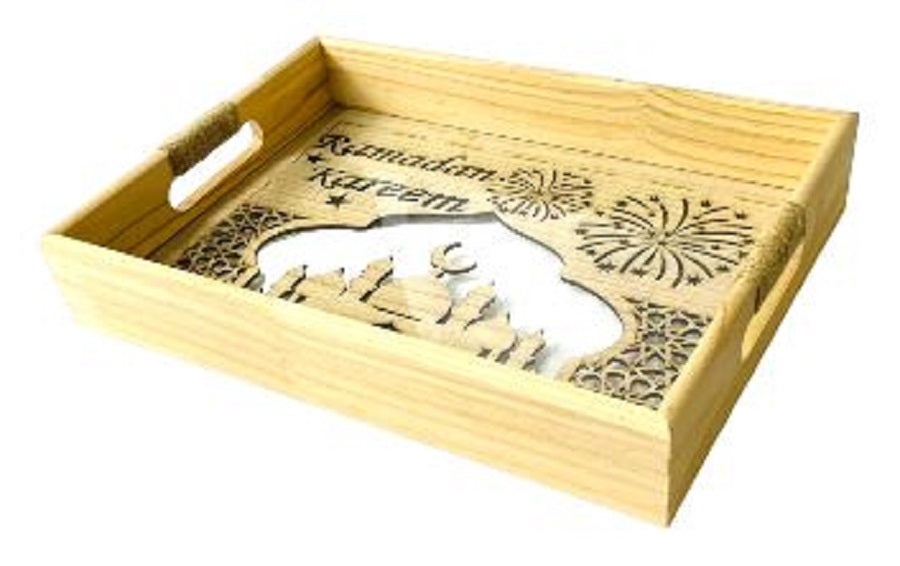 Islamic Wood Serving Tray with Acrylic Interior